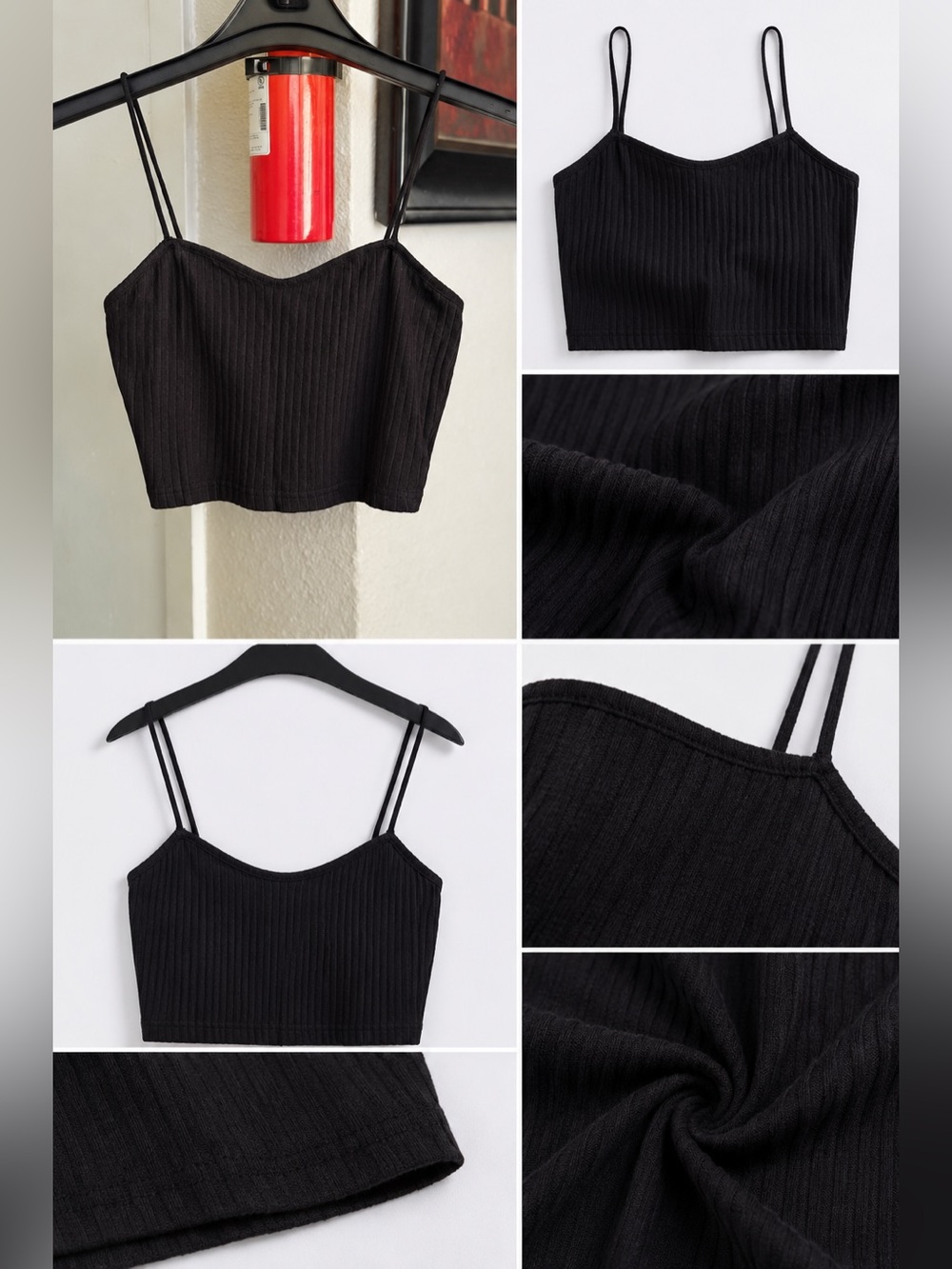 SHEIN Black Ribbed Double-Strap Crop Cami